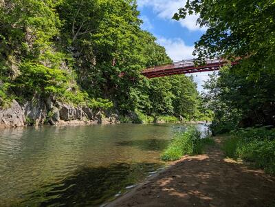 River beneath suspension bridge